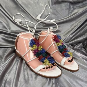 HALOGEN Gladiator Lace Up Sandals Women’s 7.5 White Leather Flats Wrap Pom Poms